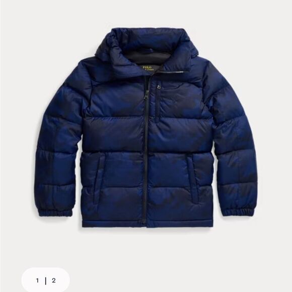 Polo Ralph Lauren Navy Camo Down jacket Repaired size 10-12 (M) - Picture 1 of 14